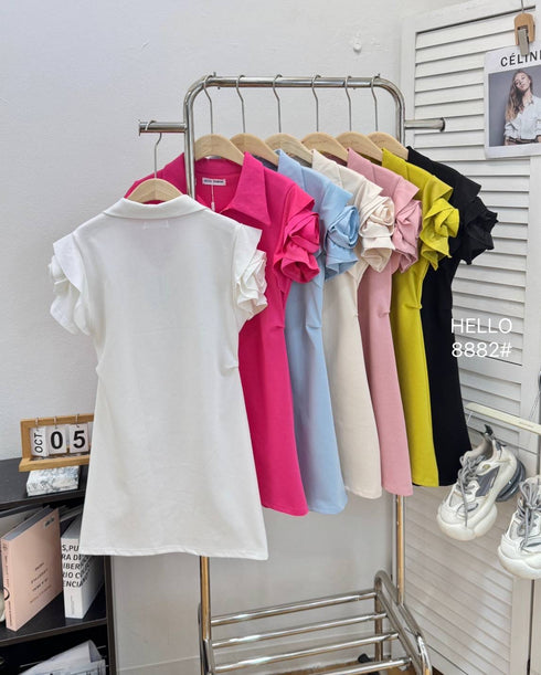 Zipper Collar Down Rose Decor Short Sleeves Mini Dress